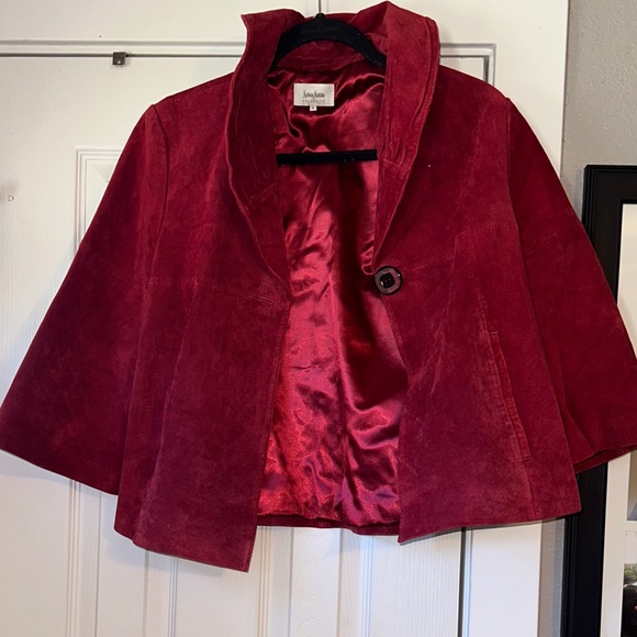 Neiman Marcus Red Leather/Suede Women's Button Jacket - Picture 2 of 10